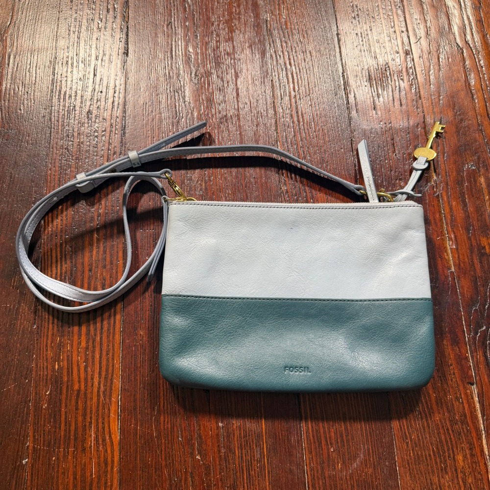 Fossil Crossbody Bag Purse Blue Teal Cowhide Leather Colorblock Whipstitch Zip